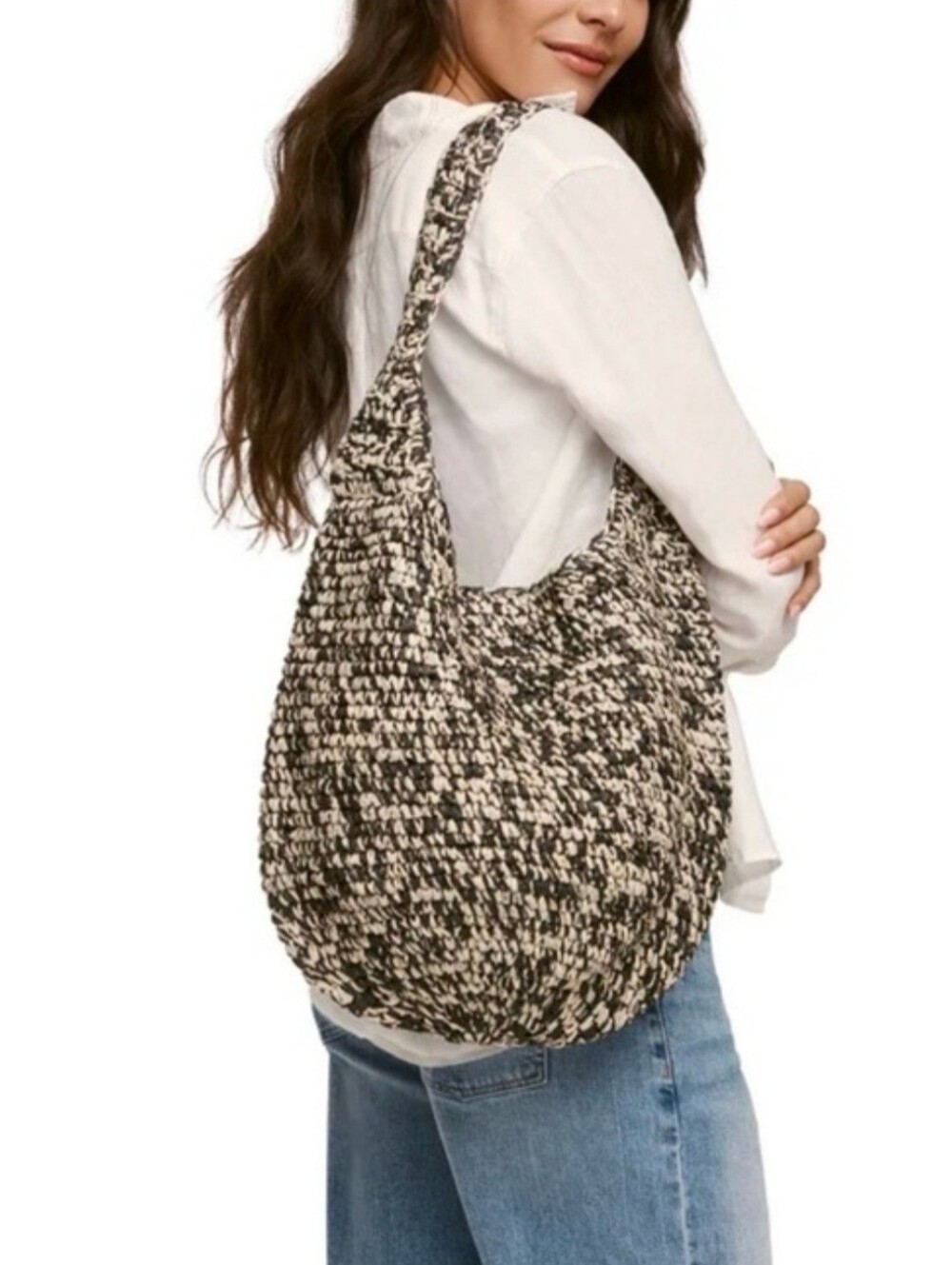 Banana Republic Women's Raffia Tote - Beige Black Woven Straw Hobo Shoulder Bag